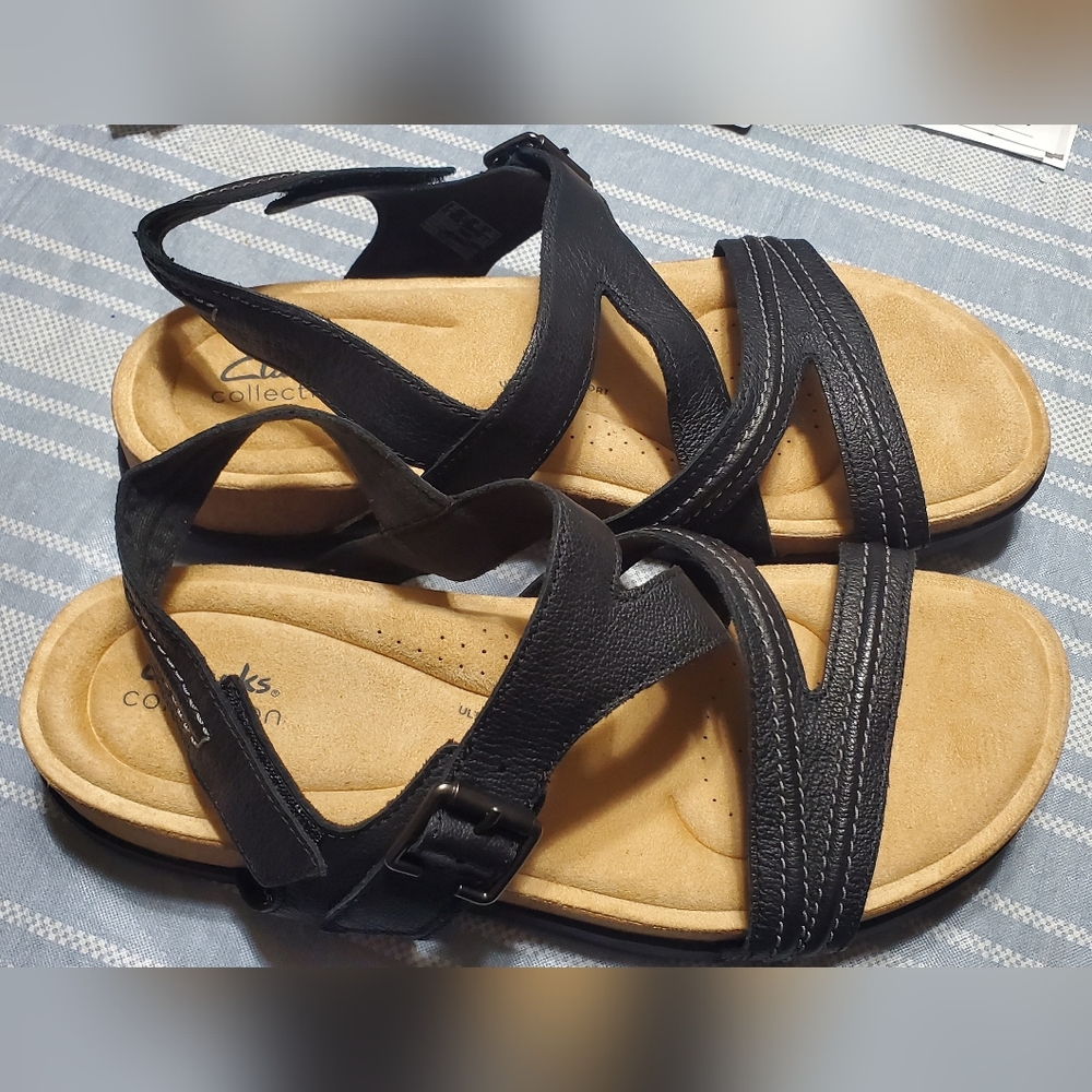 Clarks Collection Black Leather Uppers Women's Sandals 11w